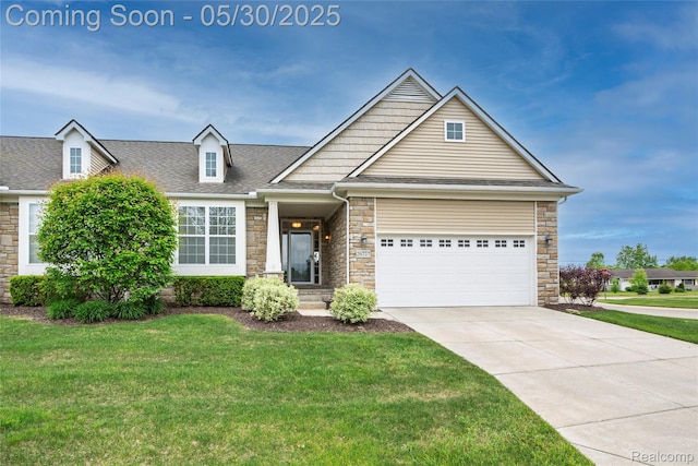 26727 Wilton Ct, New Hudson, MI 48165 - view of front of property with stone siding, concrete driveway, a front lawn, and a garage