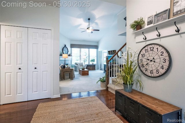26727 Wilton Ct, New Hudson, MI 48165 - entryway featuring stairway, wood finished floors, ceiling fan, and lofted ceiling