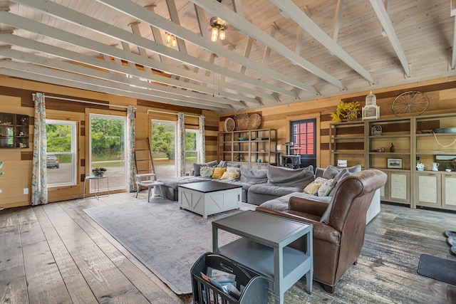 9410 US Highway 12, Brooklyn, MI 49230 - living room featuring wooden walls, hardwood / wood-style floors, and wooden ceiling