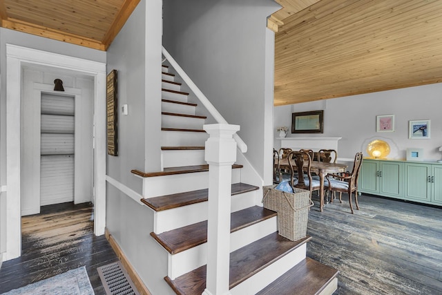 9410 US Highway 12, Brooklyn, MI 49230 - staircase with wood ceiling, hardwood / wood-style flooring, and lofted ceiling