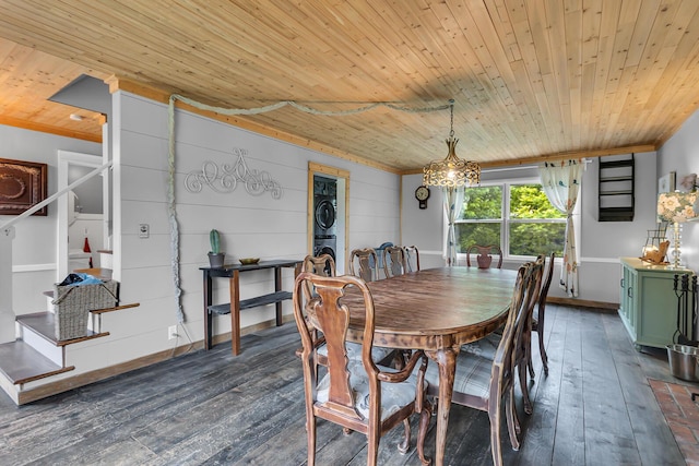 9410 US Highway 12, Brooklyn, MI 49230 - dining room with wooden ceiling, dark wood-style flooring, stairway, a chandelier, and ornamental molding