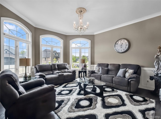 50011 Anita Way N, Macomb, MI 48044 - living room with crown molding, a chandelier, and wainscoting