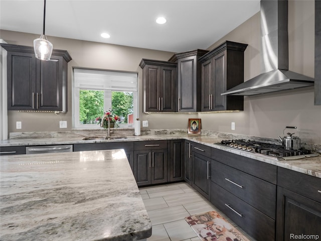 50011 Anita Way N, Macomb, MI 48044 - kitchen with wall chimney exhaust hood, appliances with stainless steel finishes, a sink, light stone counters, and hanging light fixtures