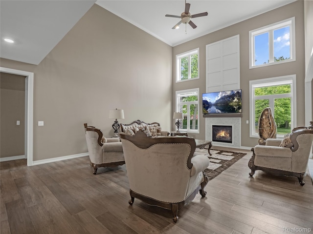 50011 Anita Way N, Macomb, MI 48044 - living area with high vaulted ceiling, a ceiling fan, a glass covered fireplace, dark wood-style floors, and baseboards
