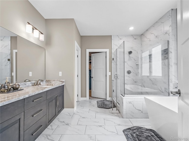 50011 Anita Way N, Macomb, MI 48044 - bathroom with marble finish flooring, a marble finish shower, vanity, a soaking tub, and baseboards