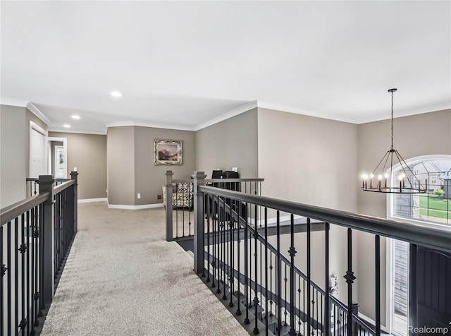 50011 Anita Way N, Macomb, MI 48044 - corridor featuring a chandelier, an upstairs landing, carpet flooring, baseboards, and recessed lighting