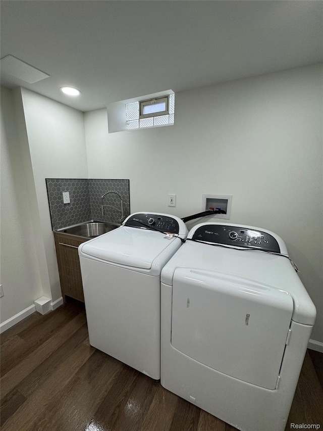 8511 Allen Rd, Allen Park, MI 48101 - washroom featuring independent washer and dryer, dark wood-style floors, and baseboards