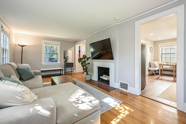 1512 Brooklyn Ave, Ann Arbor, MI 48104 - living area featuring hardwood / wood-style floors, plenty of natural light, a fireplace, ornamental molding, and baseboards
