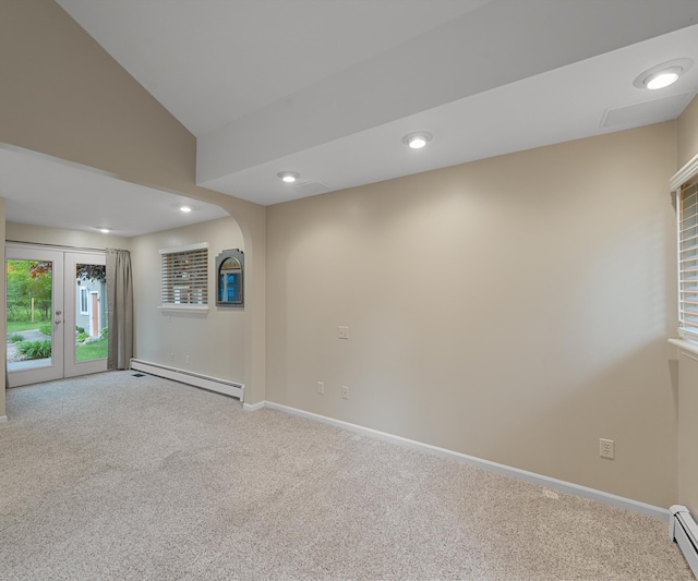4841 Pear Way, Farwell, MI 48622 - unfurnished room featuring a baseboard heating unit, carpet floors, baseboards, recessed lighting, and vaulted ceiling