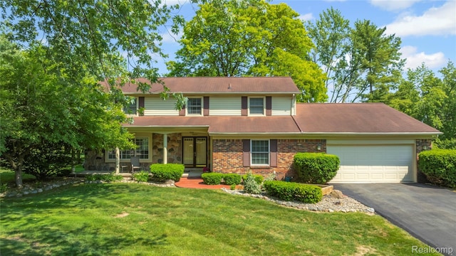 29832 High Valley Ct, Farmington Hills, MI 48331 - traditional-style house featuring asphalt driveway, an attached garage, a front yard, brick siding, and a porch