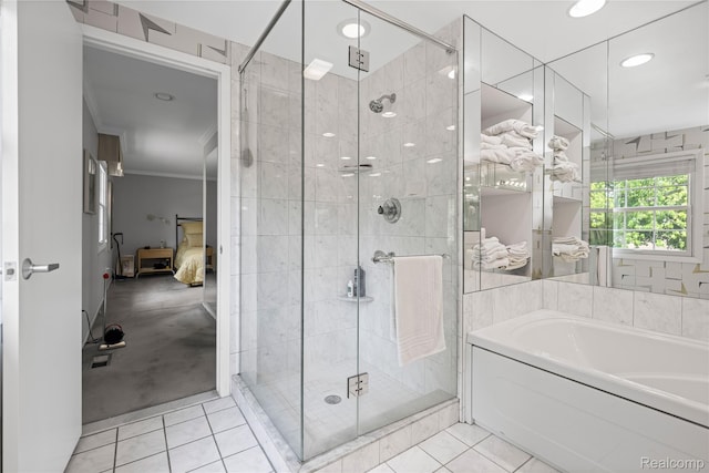 29832 High Valley Ct, Farmington Hills, MI 48331 - ensuite bathroom featuring a bath, a shower stall, crown molding, tile patterned flooring, and recessed lighting