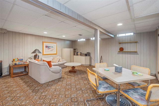 29832 High Valley Ct, Farmington Hills, MI 48331 - living room with a drop ceiling, recessed lighting, and wooden walls