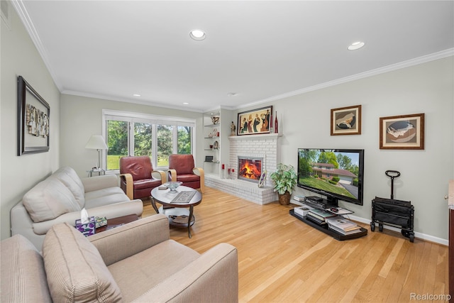 29832 High Valley Ct, Farmington Hills, MI 48331 - living room with a fireplace, wood finished floors, ornamental molding, recessed lighting, and built in shelves