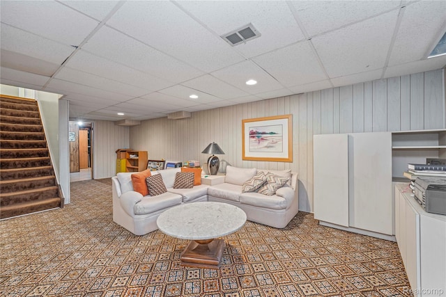 29832 High Valley Ct, Farmington Hills, MI 48331 - living room with a drop ceiling, stairway, and recessed lighting