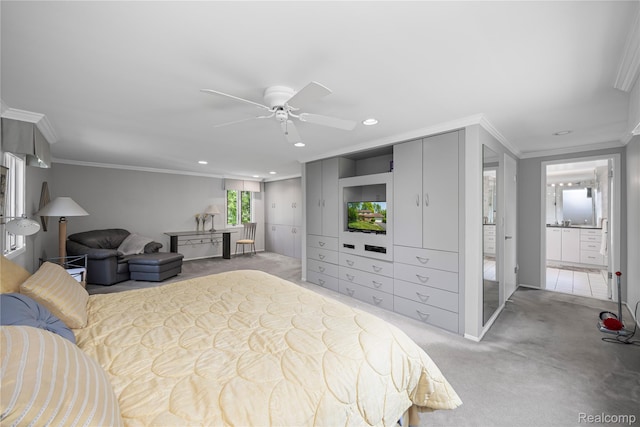 29832 High Valley Ct, Farmington Hills, MI 48331 - bedroom featuring light carpet, crown molding, recessed lighting, and a ceiling fan