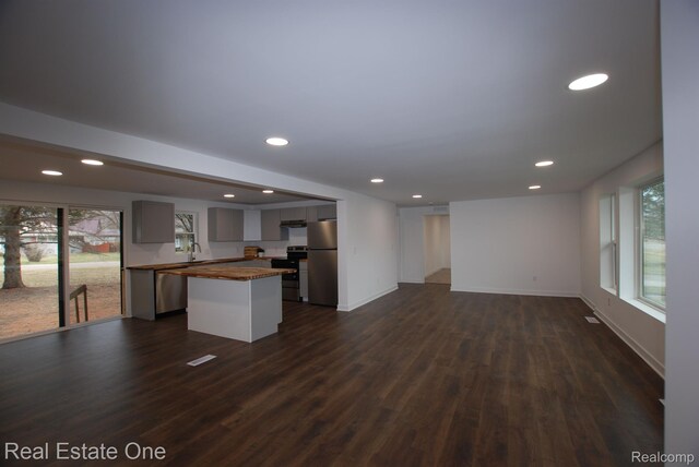 12357 Raymond Dr, Clio, MI 48420 - kitchen featuring appliances with stainless steel finishes, a sink, open floor plan, dark wood finished floors, and recessed lighting
