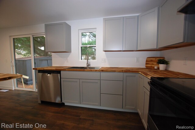 12357 Raymond Dr, Clio, MI 48420 - kitchen with butcher block counters, stainless steel dishwasher, a sink, dark wood-style floors, and black / electric stove