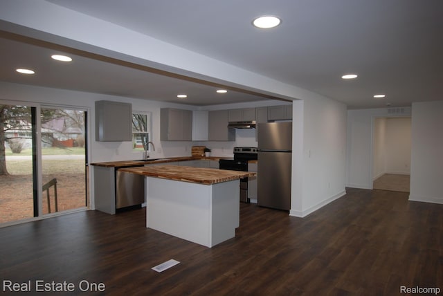 12357 Raymond Dr, Clio, MI 48420 - kitchen with appliances with stainless steel finishes, wooden counters, gray cabinetry, recessed lighting, and dark wood-style flooring