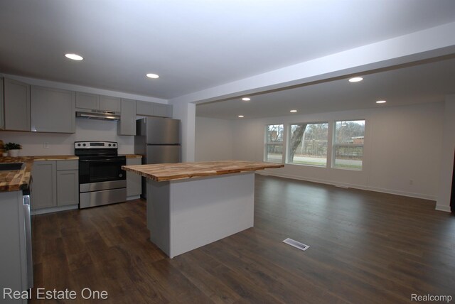 12357 Raymond Dr, Clio, MI 48420 - kitchen featuring appliances with stainless steel finishes, wooden counters, under cabinet range hood, gray cabinets, and recessed lighting