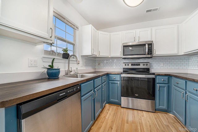 170 Allenhurst Ave, Royal Oak, MI 48067 - kitchen with appliances with stainless steel finishes, blue cabinetry, a sink, and dark countertops