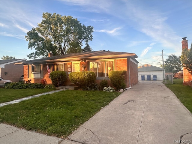 26304 Patricia Ave, Sterling Heights, MI 48091 - ranch-style home featuring brick siding, a front yard, a detached garage, and a chimney