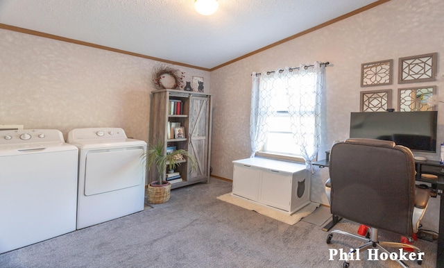 105 Penny Ln, Stanton, MI 48888 - office space with washing machine and clothes dryer, lofted ceiling, ornamental molding, carpet floors, and a textured ceiling