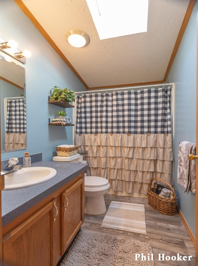 105 Penny Ln, Stanton, MI 48888 - bathroom with vaulted ceiling, ornamental molding, vanity, toilet, and wood finished floors