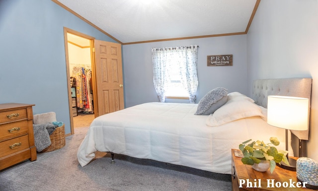 105 Penny Ln, Stanton, MI 48888 - carpeted bedroom with crown molding, lofted ceiling, and a textured ceiling