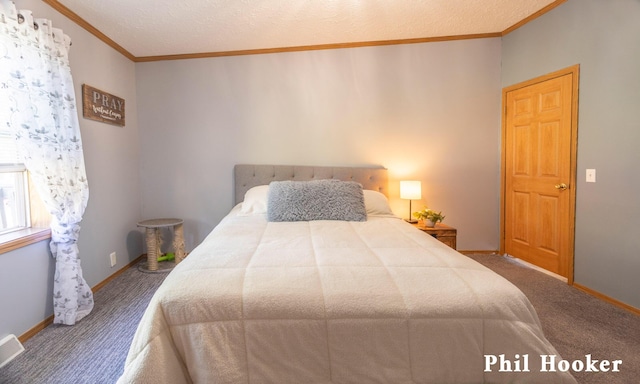 105 Penny Ln, Stanton, MI 48888 - carpeted bedroom featuring crown molding, baseboards, and a textured ceiling
