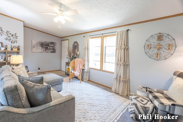 105 Penny Ln, Stanton, MI 48888 - living area with ceiling fan, vaulted ceiling, crown molding, and baseboards