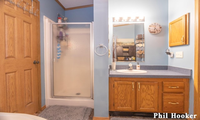 105 Penny Ln, Stanton, MI 48888 - bathroom featuring a stall shower, vanity, and ornamental molding