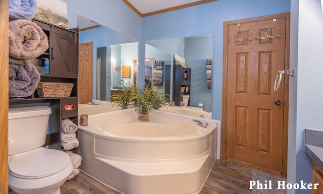 105 Penny Ln, Stanton, MI 48888 - full bathroom with wood finished floors, ornamental molding, toilet, and a bath