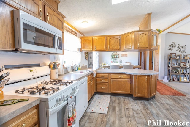 105 Penny Ln, Stanton, MI 48888 - kitchen featuring white appliances, a peninsula, light countertops, light wood-style floors, and crown molding
