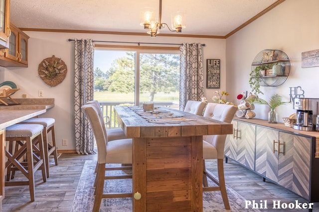 105 Penny Ln, Stanton, MI 48888 - dining space featuring crown molding, a textured ceiling, wood finished floors, a chandelier, and baseboards