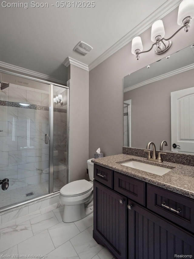 20971 Pomino Dr, Northville, MI 48167 - bathroom featuring toilet, vanity, marble look tile flooring, a shower stall, and ornamental molding