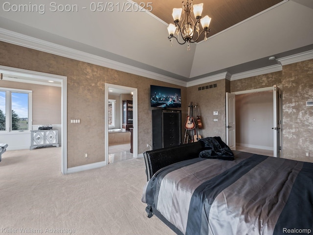 20971 Pomino Dr, Northville, MI 48167 - bedroom featuring a chandelier, carpet floors, baseboards, ornamental molding, and lofted ceiling