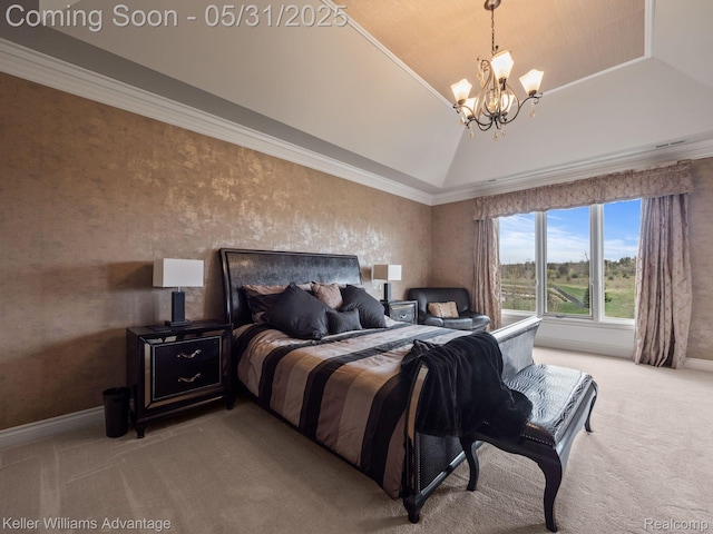 20971 Pomino Dr, Northville, MI 48167 - bedroom with carpet, lofted ceiling, a chandelier, baseboards, and ornamental molding