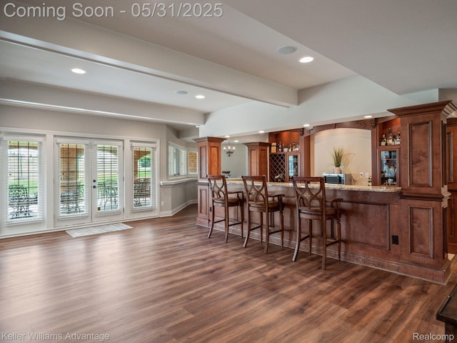 20971 Pomino Dr, Northville, MI 48167 - indoor wet bar featuring dark wood finished floors, recessed lighting, beamed ceiling, and baseboards
