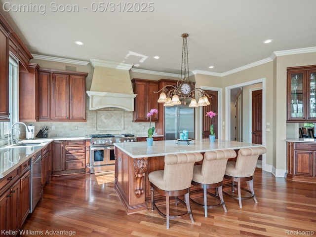 20971 Pomino Dr, Northville, MI 48167 - kitchen with high quality appliances, a sink, custom range hood, wood finished floors, and a kitchen island