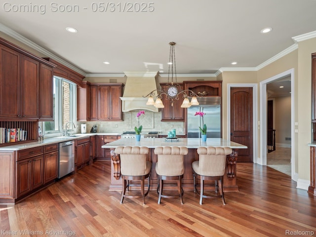 20971 Pomino Dr, Northville, MI 48167 - kitchen with appliances with stainless steel finishes, premium range hood, a spacious island, a sink, and light wood-style floors