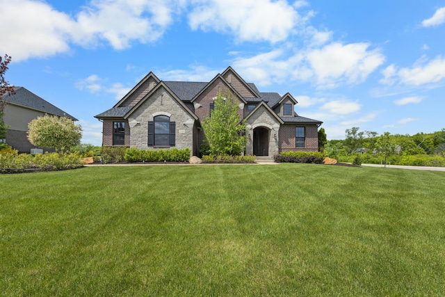 2349 Westbrooke Ct, Ann Arbor, MI 48105 - french country inspired facade with stone siding, a front yard, and brick siding