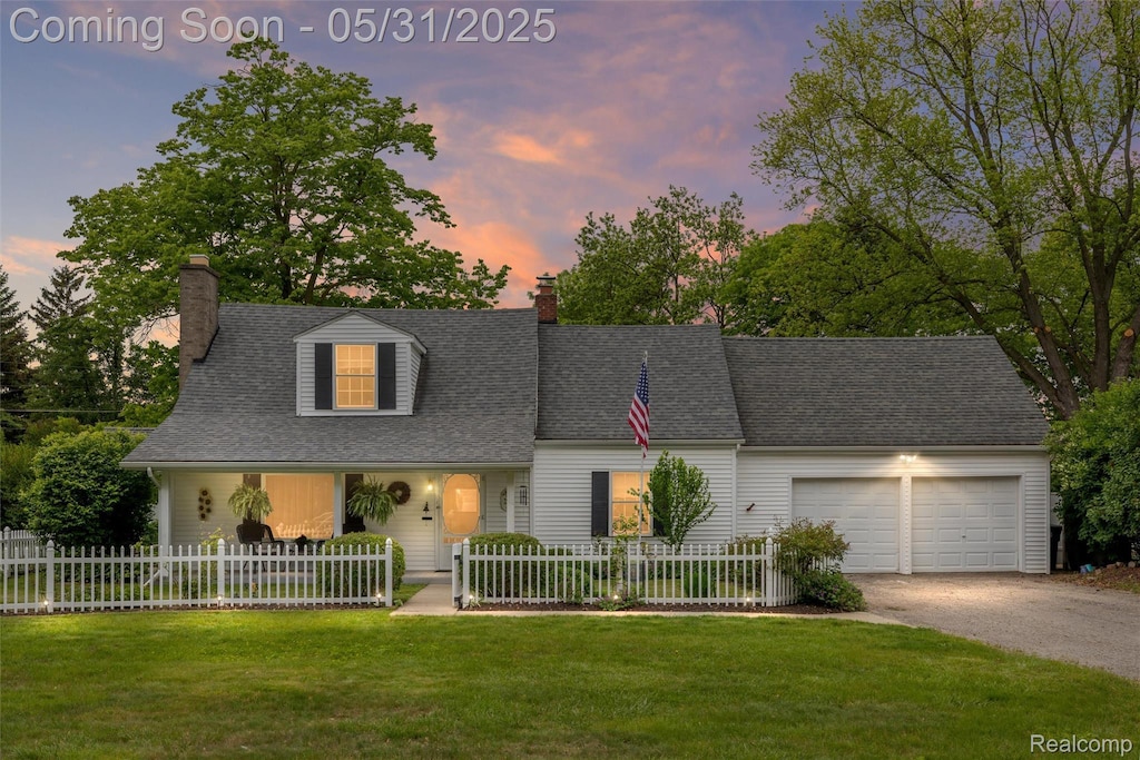 14251 Richfield St, Livonia, MI 48154 - cape cod house featuring a garage, a chimney, driveway, and roof with shingles
