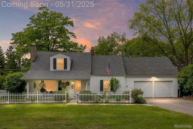 14251 Richfield St, Livonia, MI 48154 - cape cod house featuring a garage, a chimney, driveway, and roof with shingles