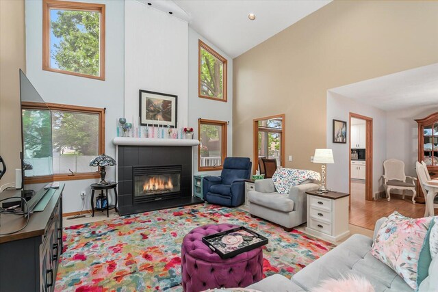 6767 Knollview Dr, Hudsonville, MI 49426 - living room featuring high vaulted ceiling, a fireplace with flush hearth, baseboards, and wood finished floors