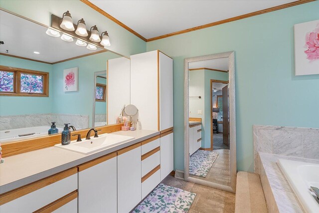 6767 Knollview Dr, Hudsonville, MI 49426 - bathroom featuring vanity, ornamental molding, a bath, and baseboards