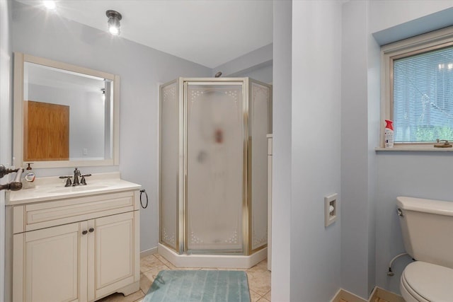 6767 Knollview Dr, Hudsonville, MI 49426 - full bath featuring a shower stall, toilet, vanity, baseboards, and tile patterned floors