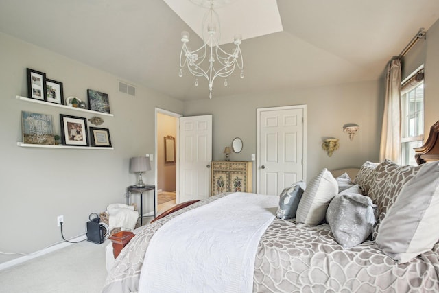 133 Commons Cir, Saline, MI 48176 - carpeted bedroom with a chandelier, vaulted ceiling, and baseboards