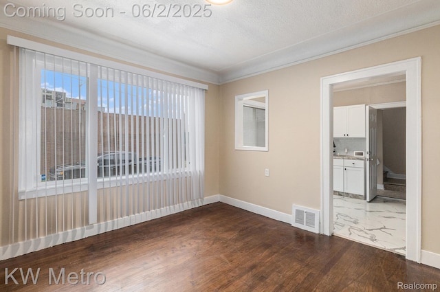 5025 Somerset Ave, Detroit, MI 48224 - unfurnished room with baseboards, dark wood-style floors, crown molding, a textured ceiling, and stairway