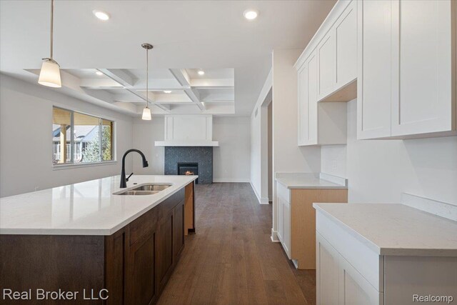 35704 Addison Dr, New Baltimore, MI 48047 - kitchen with a sink, coffered ceiling, recessed lighting, beam ceiling, and dark wood-style flooring