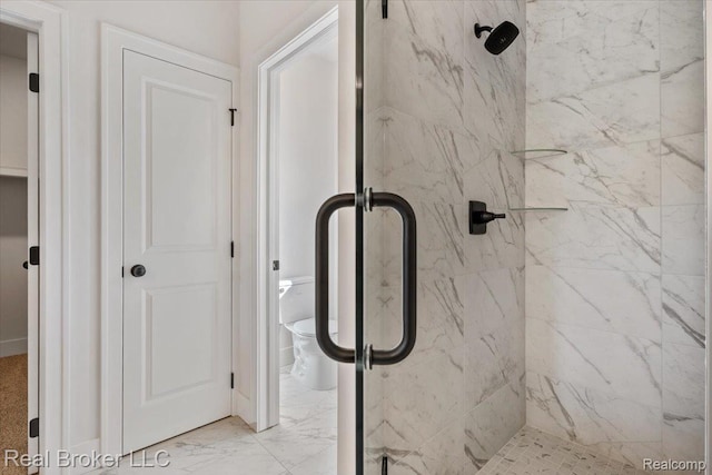 35704 Addison Dr, New Baltimore, MI 48047 - bathroom with a marble finish shower, marble look tiles, and toilet